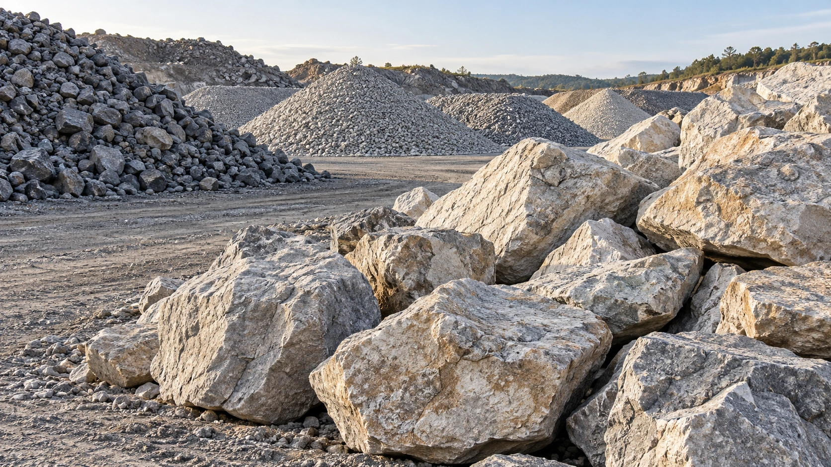 Large raw boulders and crushed stone stockpiles — AI-generated industry illustration