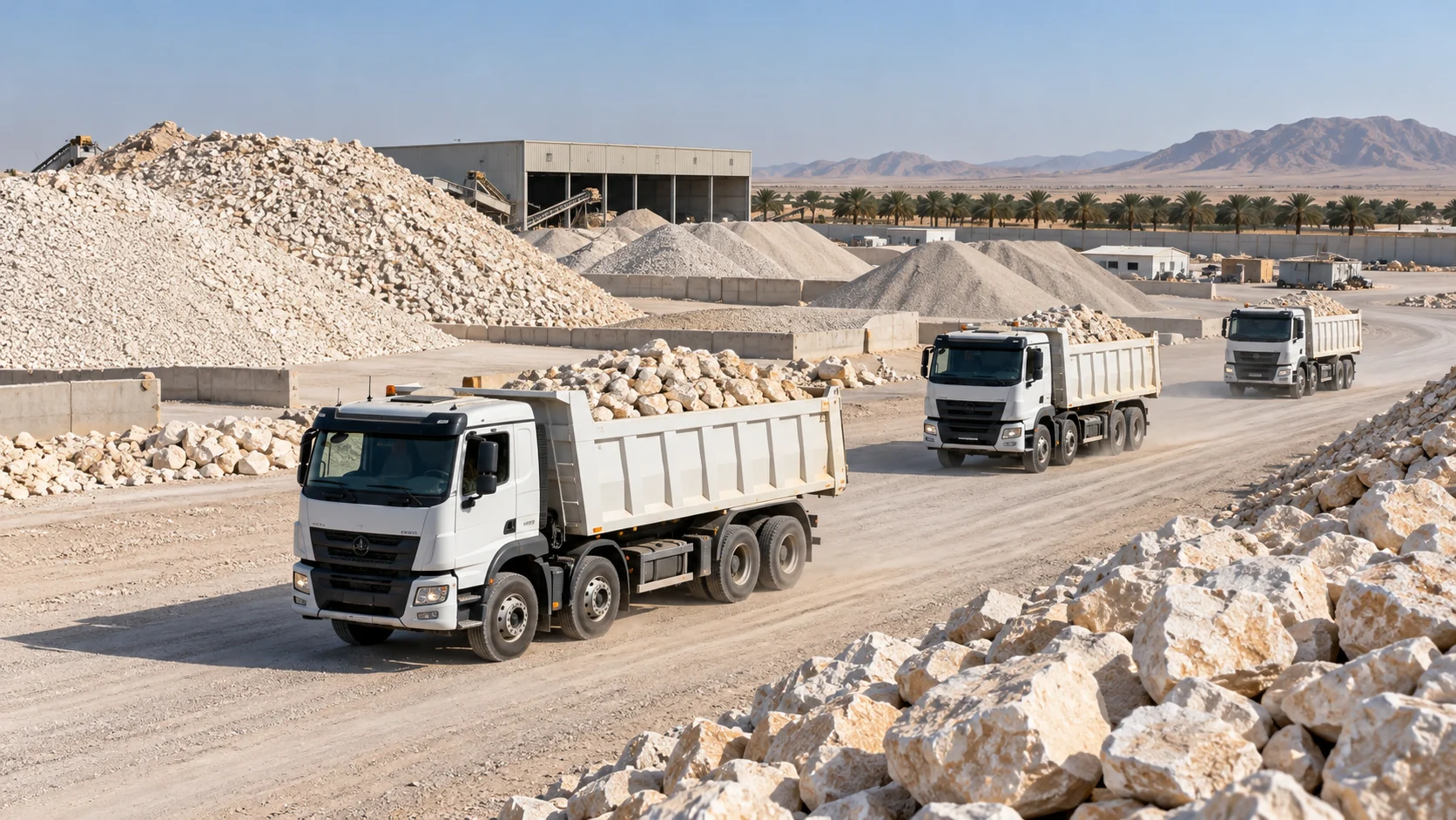 Building material tipper trucks in a Middle Eastern logistics yard